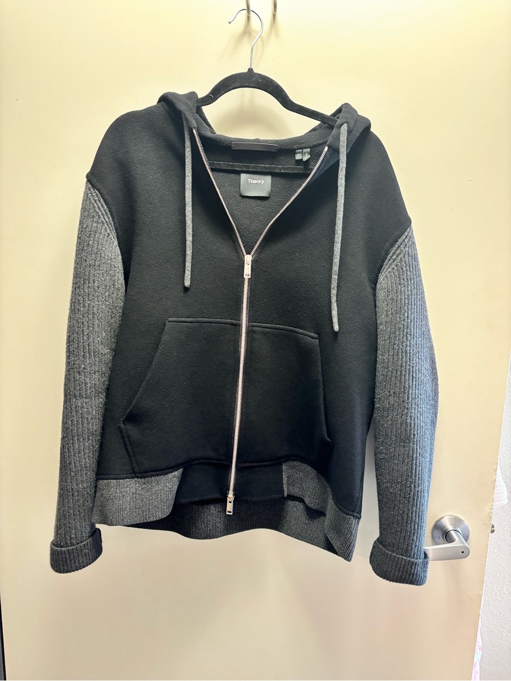 Theory wool/cashmere Black Hoodie Sweater with Gray Ribbed Sleeves